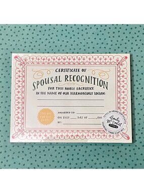 Certificates of Spousal Recognition Wife/Husband/Partner Award Paper Novelty